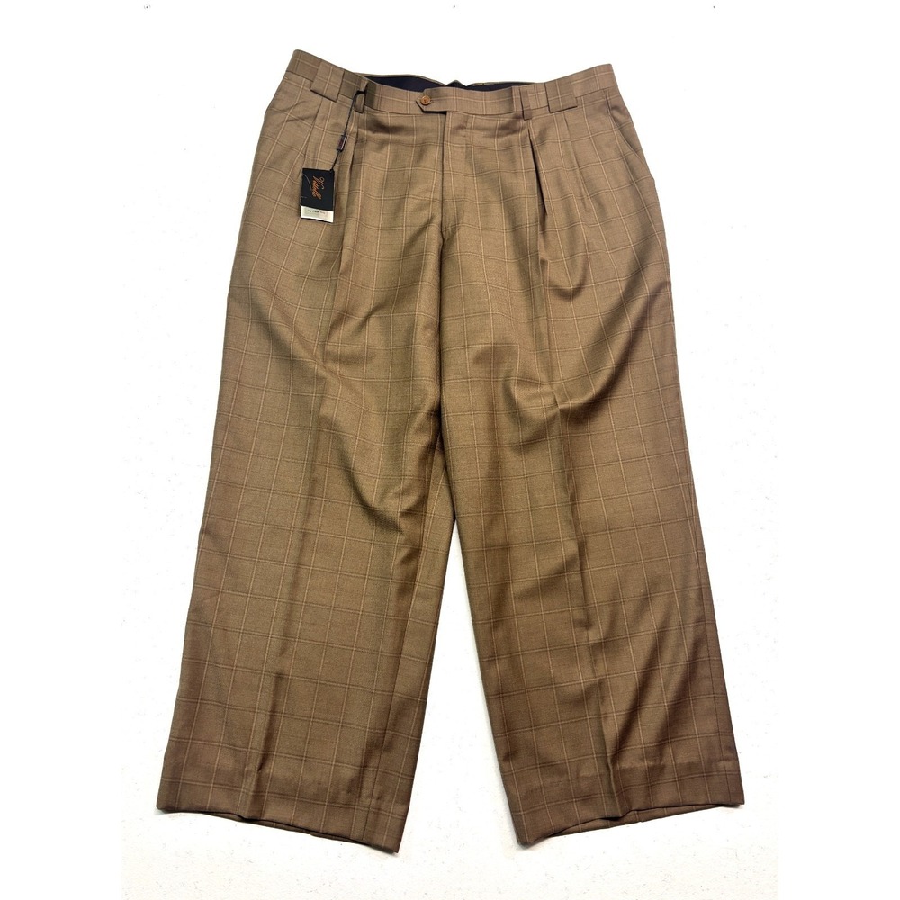 NEW Vittello 44x32 Brown Windowpane Dress Suit Pants Pleated 100% Wool‎ Wide Leg